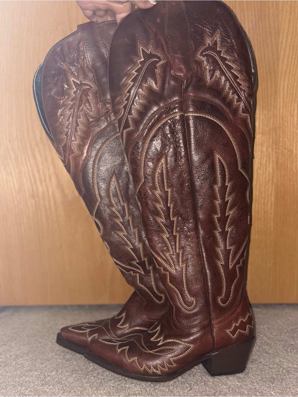 Never worn, New w/o tags Rock’em Cowboy Boots with Brown Pull Tabs over the knee